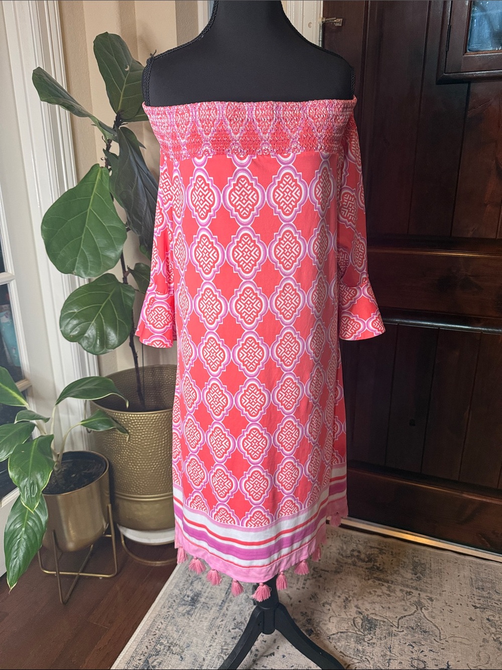 Cabana Life Coral Geo Coverluxe Smocked Off-The-Shoulder Dress Size XL